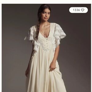 Anthropologie Cream Maxi Dress with Ruffled Sleeves